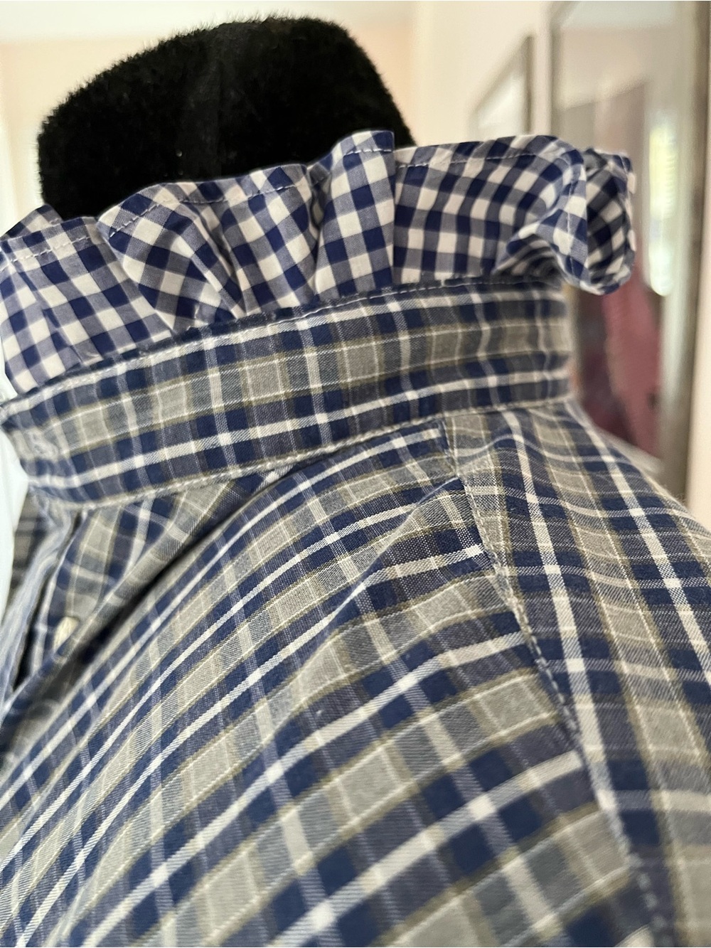 Refashioned faux Ralph Lauren Navy and Gray Checked Button-Down Ruffle collar - Picture 3 of 7